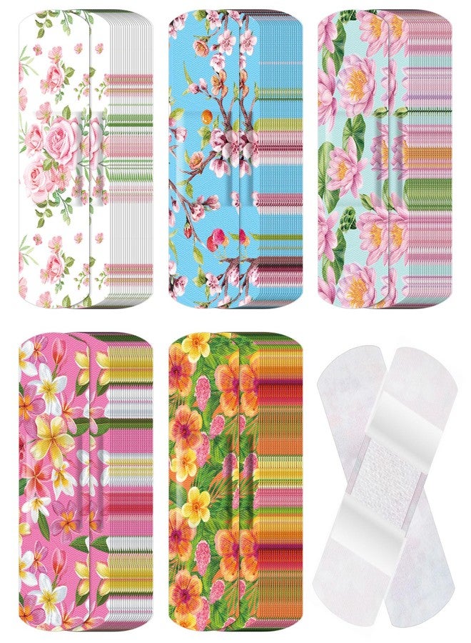 Threlaco ضمادات قماشية لاصقة مرنة من ثريلاكو، 120 قطعة، بأشكال وأنماط متنوعة، ضمادات قماشية صغيرة ملونة وجميلة مع وسادة غير لاصقة، 3 × 1 بوصة، للجروح والخدوش، للنساء (بنقشة زهور). - Image 1